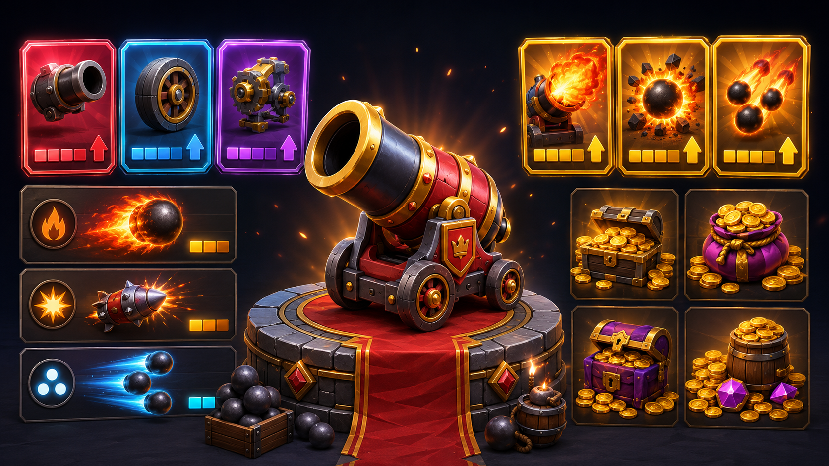 A cannon-upgrade and shop screen — upgrade cards, special projectiles (fireball, spiked, triple-shot), coin bundles and treasure chests